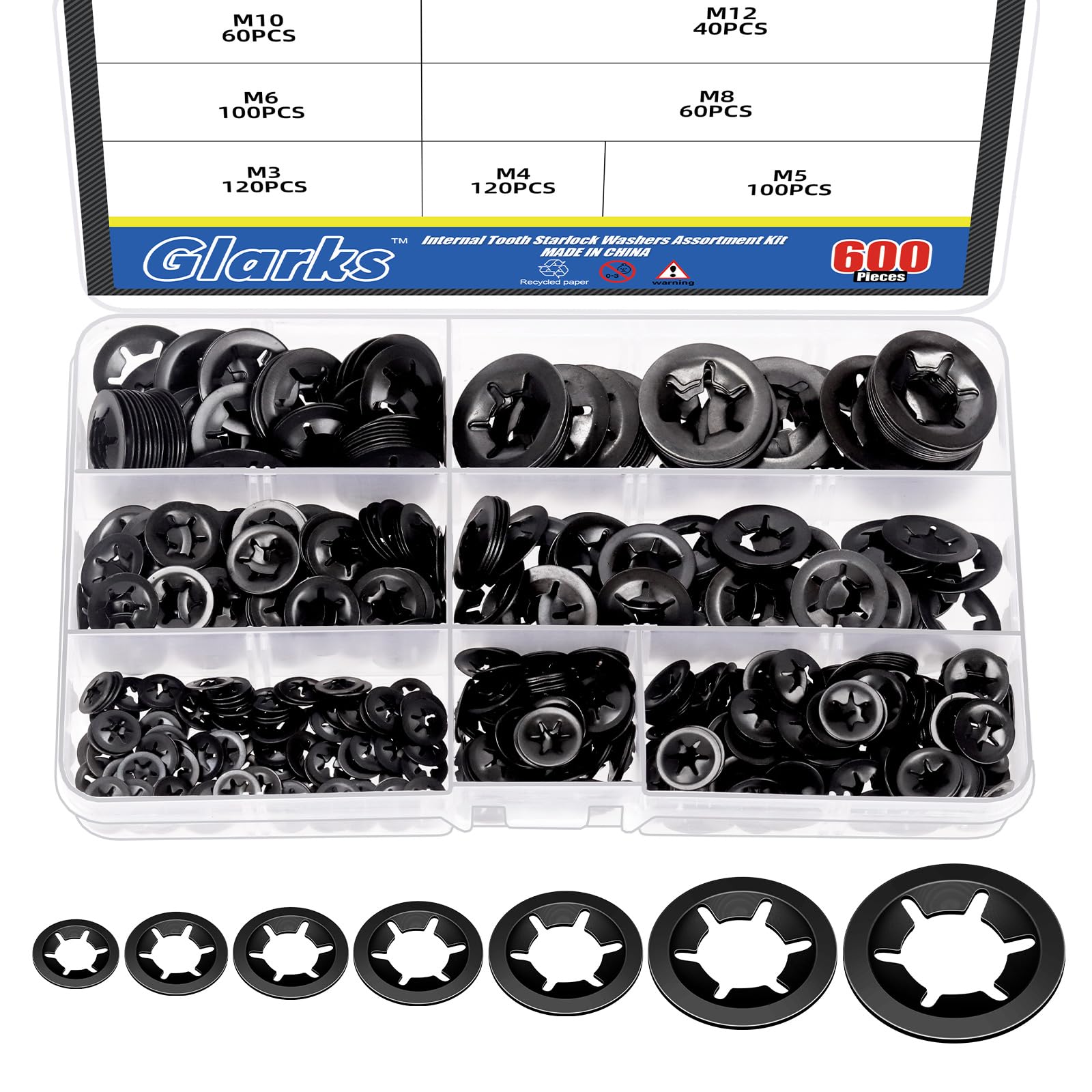 Glarks 600Pcs Metric M3 M4 M5 M6 M8 M10 M12 65Mn Black Big Internal Tooth Star Lock Washers Assortment Kit External Push Rings Quick Speed Locking Washers