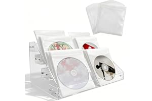 FALESHOS 4-tier clear acrylic cascading CD holder, DVD/CD display stand, storage box, and vinyl record shelf. Holds up to 32 standard CD cases and includes 20 CD/DVD sleeves for organized media storage.