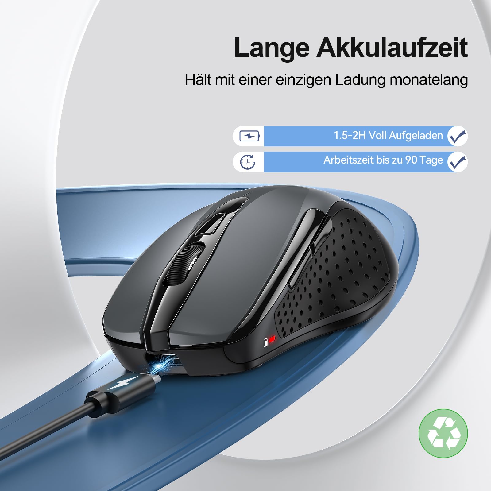 TECKNET Bluetooth Maus, Wiederaufladbare Maus Kabellos(DREI Modi: BT 5.0/3.0 + 2.4G), 4800 DPI, Ergonomische Leise Funkmaus für Laptops, Mac OS, Android, Windows, Grau 2