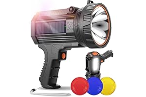 YIERBLUE Rechargeable Spotlight Flashlight with Solar Panels, 1000,000 High Lumen Outdoor Handheld Spot Lights and Flood Light, Foldable Stand and 3 Colors Lenses for Boating Hunting and Camping