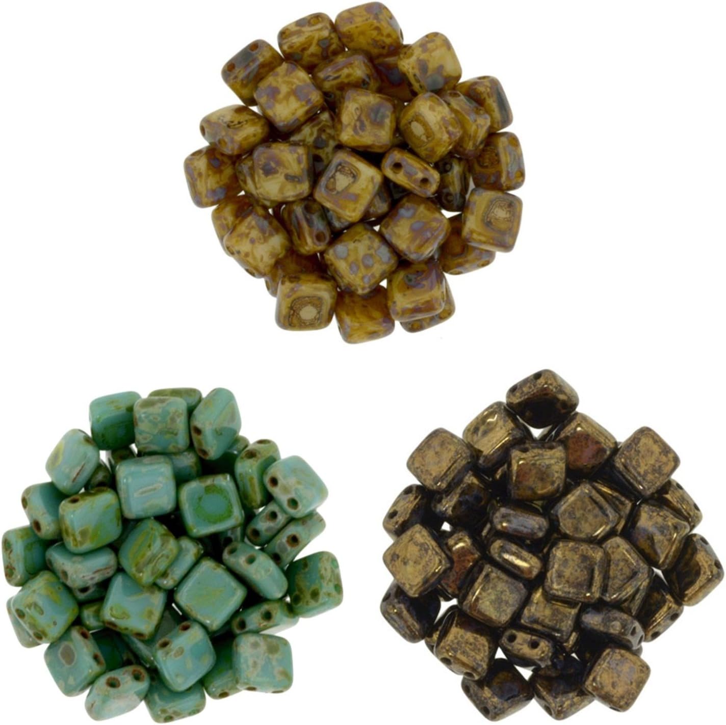 Tile Beads Bundle - 3 Colors: Czechmate 6mm Square 2-Hole Tile Beads - Picasso Mix 1 (75 Beads Total)