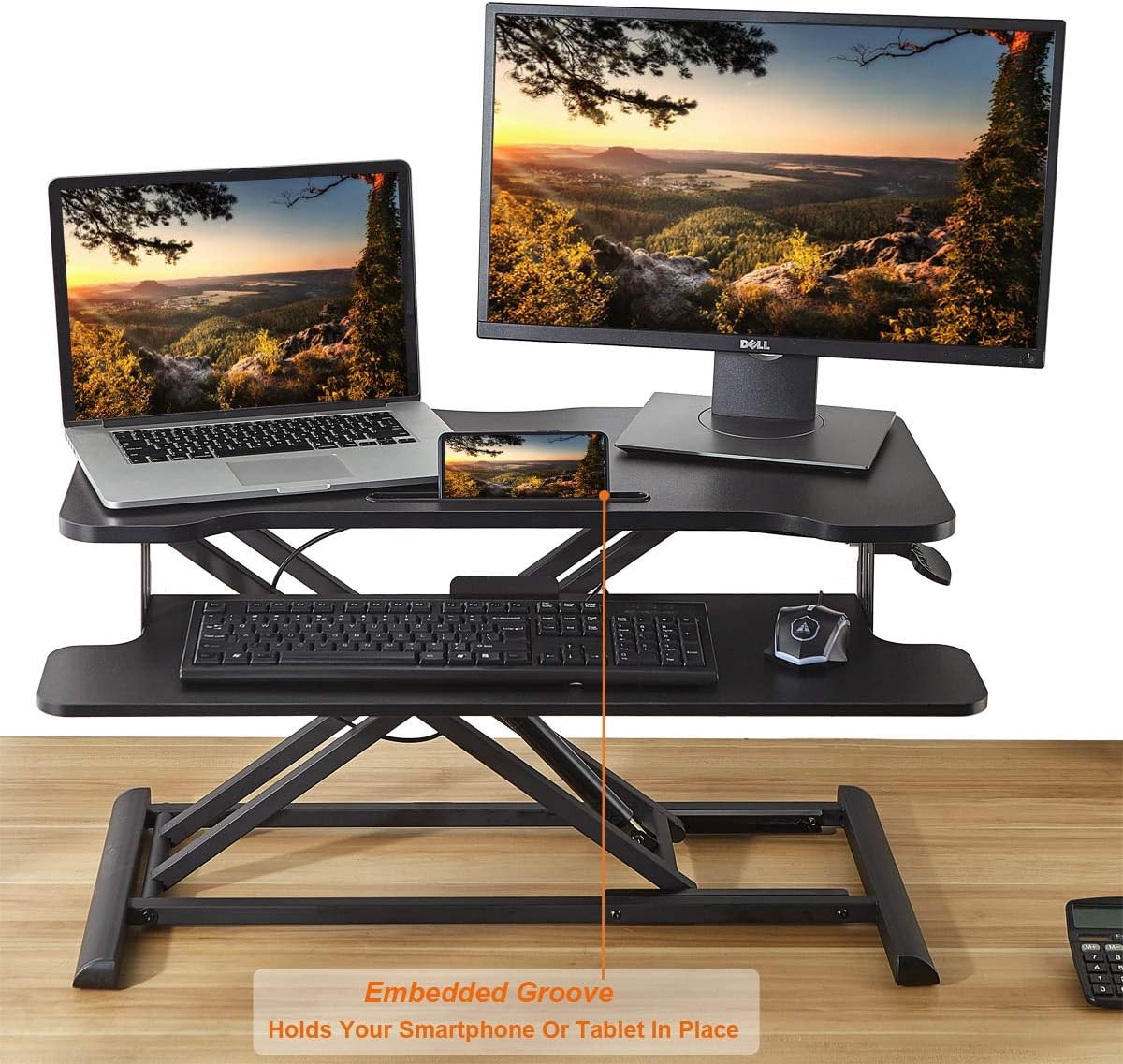 Standing Desk Converter with Height Adjustable – 32 inch Stand Up Desk, Sit Stand Tabletop Workstation Riser Fits Dual Monitors for Home and Office by HUVIBE : Office Products