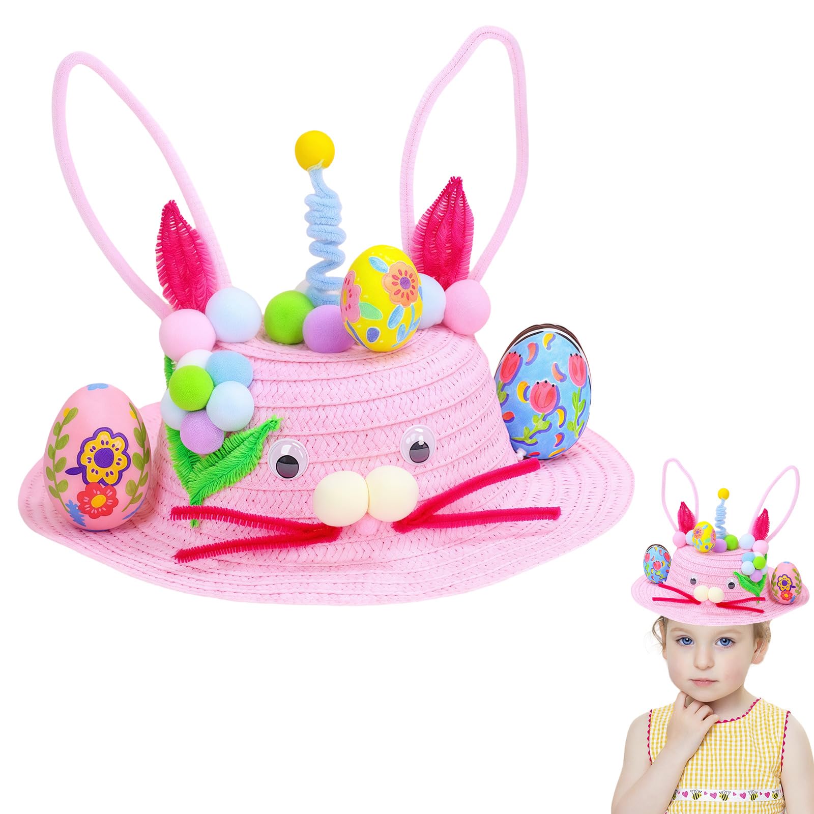 yayafunfun Easter Bonnet Diy Kit for Kids,Pink Easter Cartoon Cap Make Your Own Bonnet Hat Craft Set with Straw Hats,Watercolor Pen,Egg,Hairball For Boys Girls Party Favorites School Parade