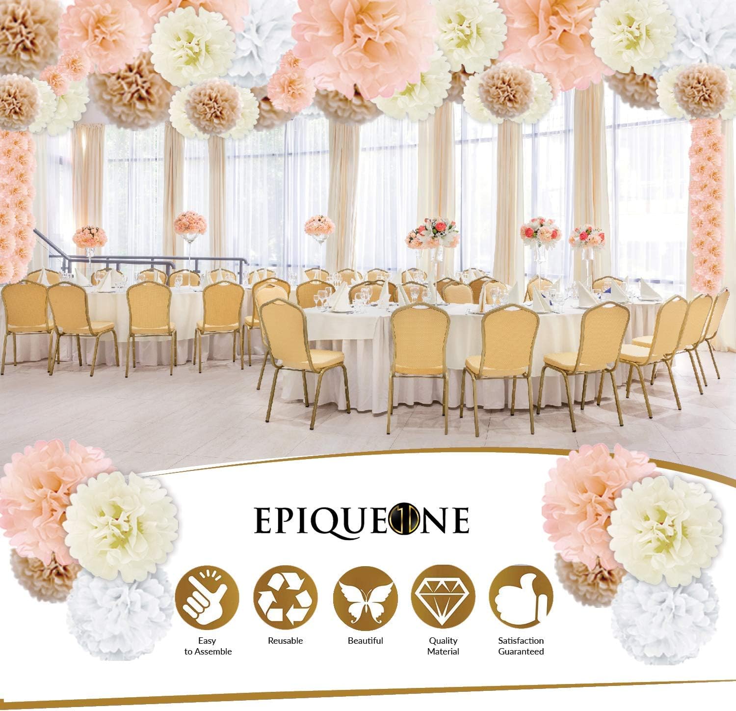 EpiqueOne 20-Piece Party Decoration Kit – Hanging Tissue Paper Pom Poms for Weddings and Other Special Occasions – Easy to Assemble and Install – Colors: White, Ivory, Peach and Champagne: Health & Personal Care