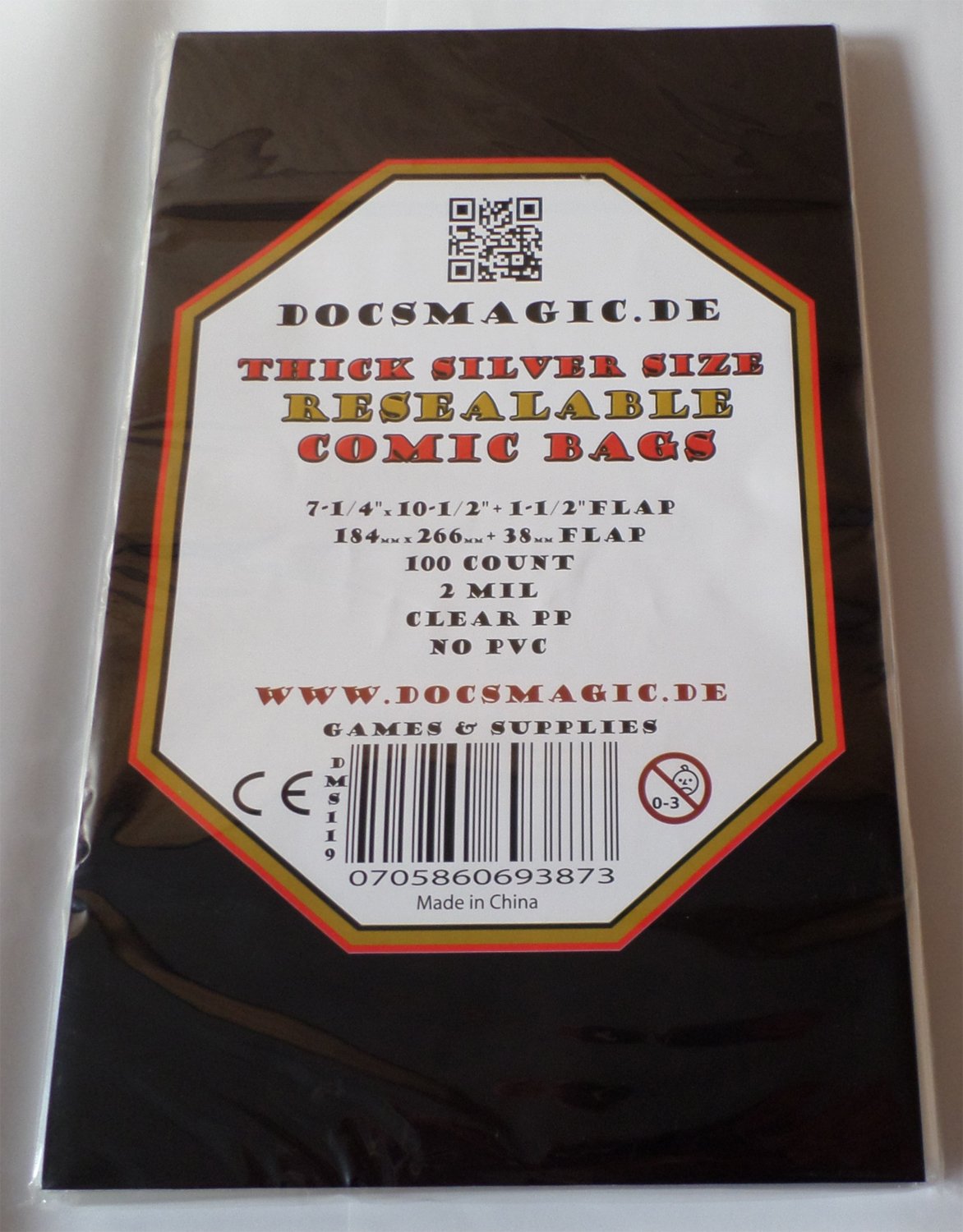 docsmagic.de 100 Resealable Thick Silver Size Comic Book Bags 7-1/4"+10-1/2"+1-1/2"Flap- 2 Mil
