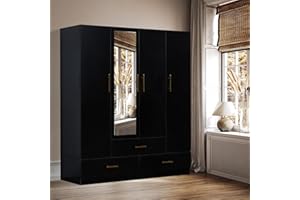 GraceGrove Wooden Armoire Wardrobe Closet with 4 Doors and 3 Drawers, Wardrobe with Mirror, Closet Organizers and Storage Black 63" W x 18.9" D x 70.9" H