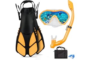 AosDero Kids Snorkeling Set with Flippers+Panoramic Snorkel Mask+Dry Top Snorkel+Earplugs+Gear Bag,Snorkeling Gear for Kids,Youth,Boys and Girls Age 5-12