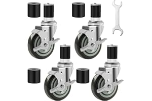 Besitu 4 inches Prep Table Wheels Set of 4, 1-1/2" and 1-5/8" Expanding Stem Caster with Side Brake for Stainless Steel Table, Cart, Furniture Legs, Commercial Kitchen Appliances, Workbench
