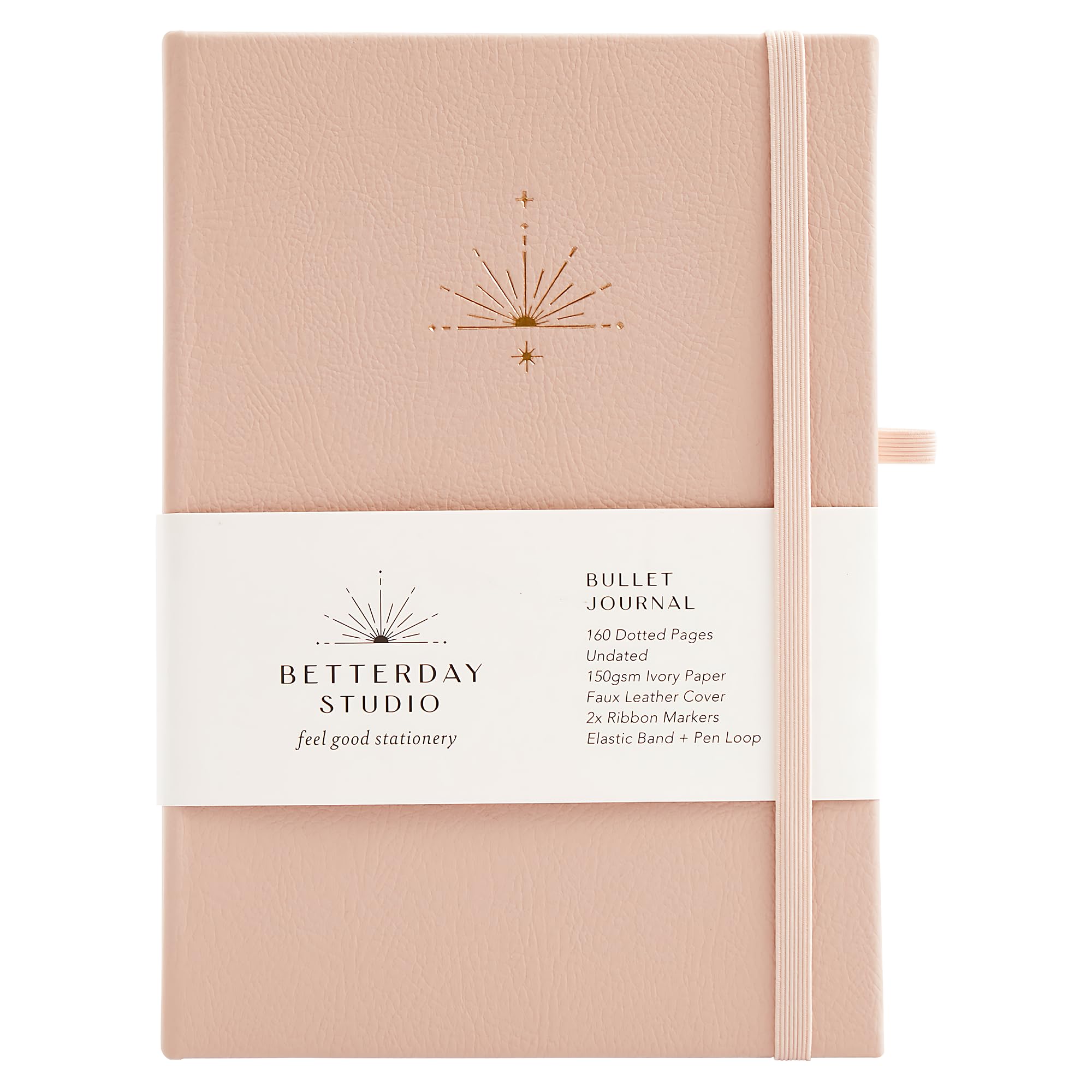 Betterday Studio - Undated Bullet Journal - 160 Dotted Pages with Faux Leather Cover, 2x Ribbon Markers for Bookmarking, Journal with Pen Loop, Journal Notebook for Scribbling - Blush