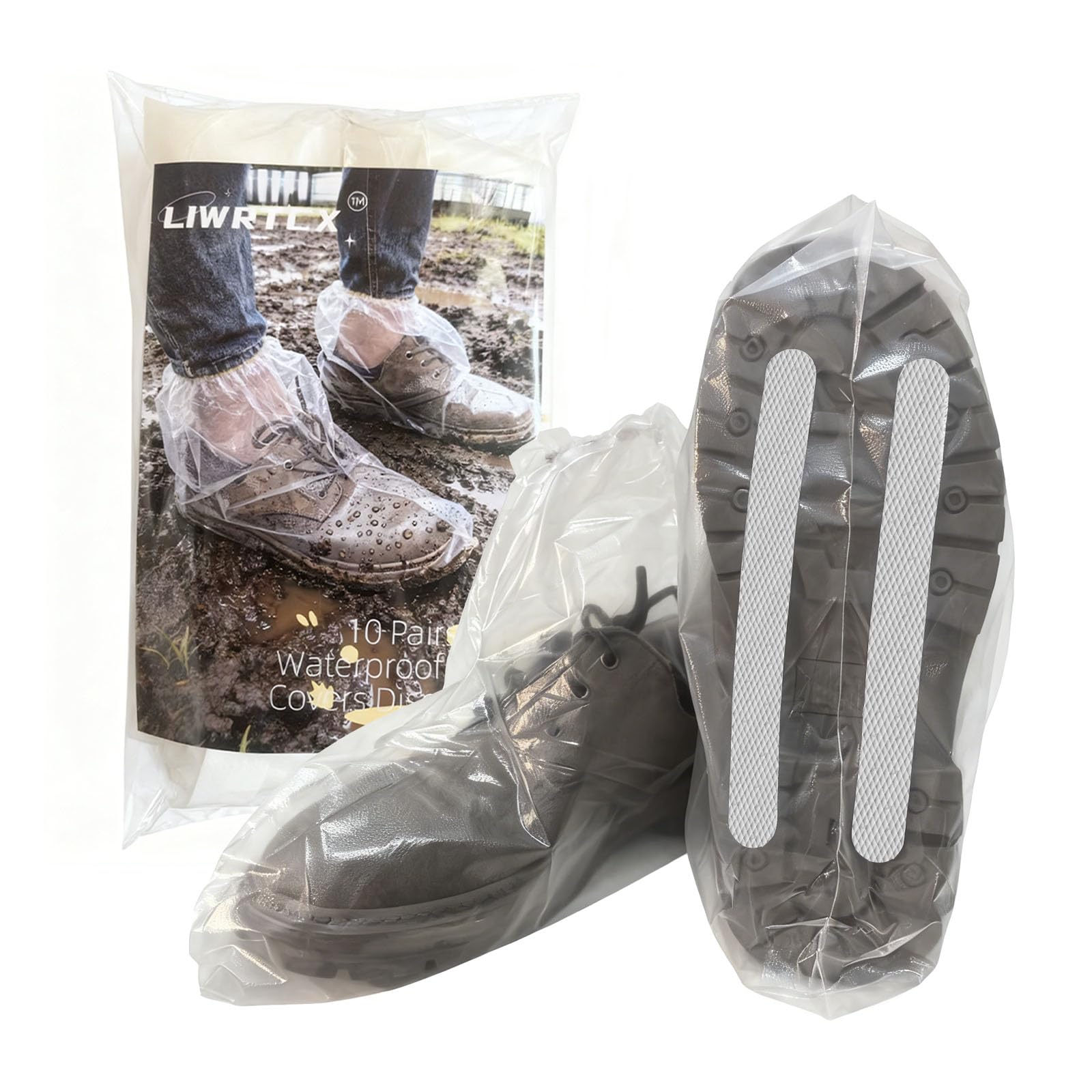 Photo 1 of 10 Pairs Waterproof Shoe Covers Disposable, 20 Anti-Slip Strips Included for Maximum Traction, Non-Slip Overshoes for Rain & Snow, Heavy Duty Plastic Boot Protectors for Men Women by LIWRTCX (Adult)