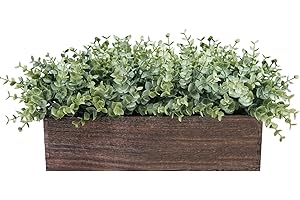 Winlyn 14" Artificial Eucalyptus in Rectangular Wood Planter Box Faux Plants Arrangement Centerpiece Wooden Potted Eucalyptus Plant for Farmhouse Wedding Dining Table Centerpiece Greenery Mantel Décor