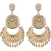 Vintage Chandelier Earrings Beaded Tassel Earring for Women Bohemian Ethnic Retro Style Gold Silver Chandelier Tassel Dangle Drop Earrings Boho Statement Cut-out Dangling Chandelier Earrings Charm Hollow Crescent Carved Round Bead Tassel Earrings Personalized Mexico Gypsy Dangle Earrings Jewelry