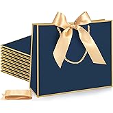 Silkfly Thank You Gift Bags with Handle 12x10x4'' Welcome Return Gifts Bag with Bow Ribbon for Wedding Bridesmaid Baby Shower Birthday Housewarming Employee Appreciation Day(Navy Blue,12 Pcs)