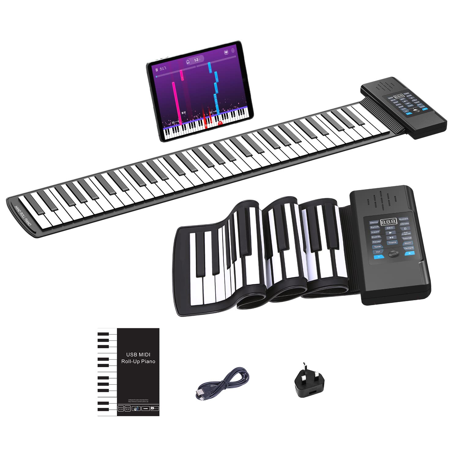 61 Keys Roll Up Piano, Upgraded Portable Rechargeable Portable Piano, Mp3 Headphone, USB Input, MIDI Out 128 Rhythms