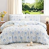 CCoutueChen Blue Bow Duvet Cover Full 3Pcs Girls Floral Duvet Cover Set, Cute Romantic Princess Style Bowknot Bedding Set Soft Microfiber Garden Flower Bedding with 2 Pillowcases(No Comforter)