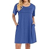 elescat Sundress for Women Casual Loose Summer Short Sleeve Pleated Front Crew Neck T Shirt Dress with Pockets