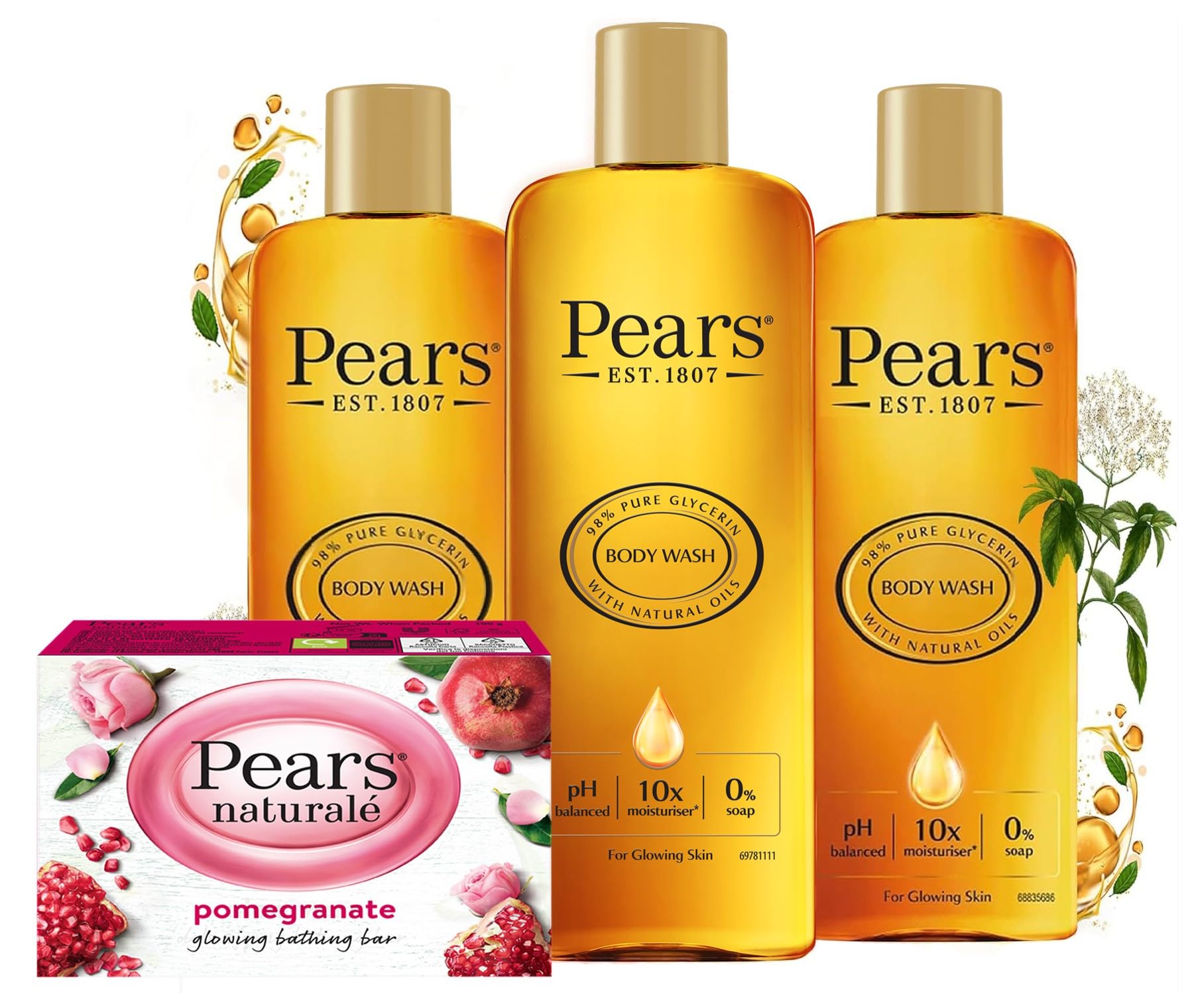 Pears Body Wash (3 x 250 ml) Pure and Gentle Original & Pears Naturalé Soap Pomegranate 100g