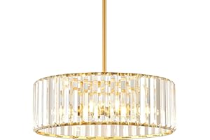 YURNYQ Gold Crystal Chandelier for Dining Room, 4-Light Modern Semi Flush Mount Chandelier Lighting Fixtures, Round Kitchen Hanging Drum Pendant Lights Ceiling for Bedroom Entryway Foyer, 15 Inch