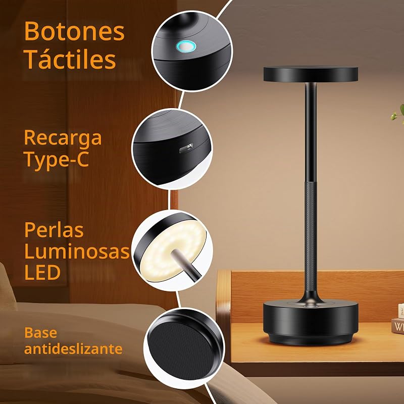 Candeeiro de mesa LED sem fios, recarregável, 5000 mAh, 3 modos de luz, uso interior/exterior, bateria de longa duração, lâmpada de mesa portátil USB-C (preto) — foto 4 de 8