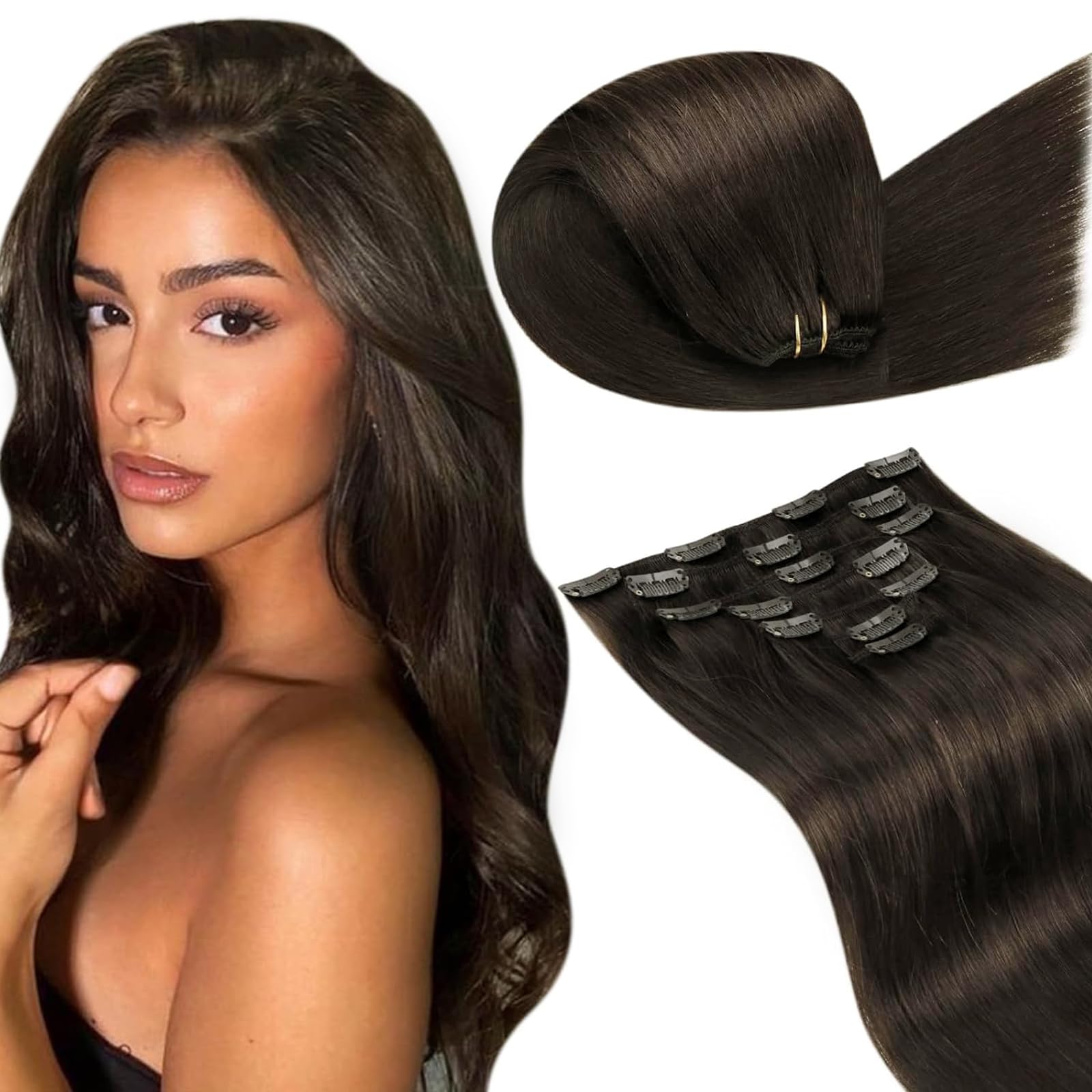LaaVoo Clip in Hair Extensions Real Human Hair Dark Brown Hair Extensions Clip in 24 Inch 140g 7pcs Full Head Remy Straight Darkest Brown Hair Double Weft #2 — image 1