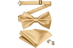 Mukidom Bow Ties for Men Solid Color Pre-Tied Bow Tie and Pocket Square Cufflinks Set