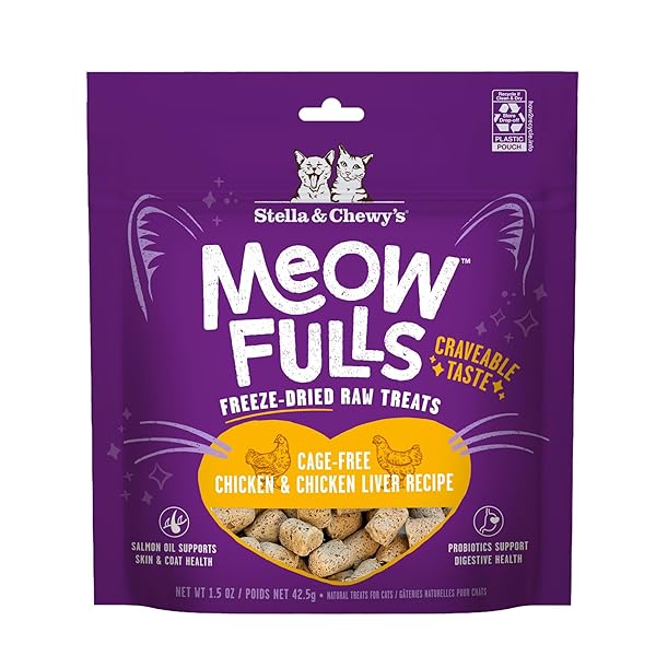 STELLA & CHEWY’S MEOWFULLS FREEZE DRIED CAT TREATS – CHICKEN & CHICKEN LIVER RECIPE – RAW PROTEIN WITH PROBIOTICS & SALMON OIL – 1 CALORIE PER TREAT – 1.5 OZ