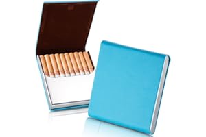 ZHOMA Portable Slim Leather Cigarette Case with Magnetic, Metal Cigarette Carrying Box for Hold 10 Regular Size Cigarettes, Ultra-Thin One-Hand Operate Cigarette Pocket for Men and Women -Bright Blue