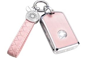 RUABIBAN Key Fob Cover Compatible with Volvo, Pink Leather Crystal 360 Degree Protection Key Shell Case for XC90, XC60, XC40, S60, S90, V60, V90, Polestar 1, Polestar 2
