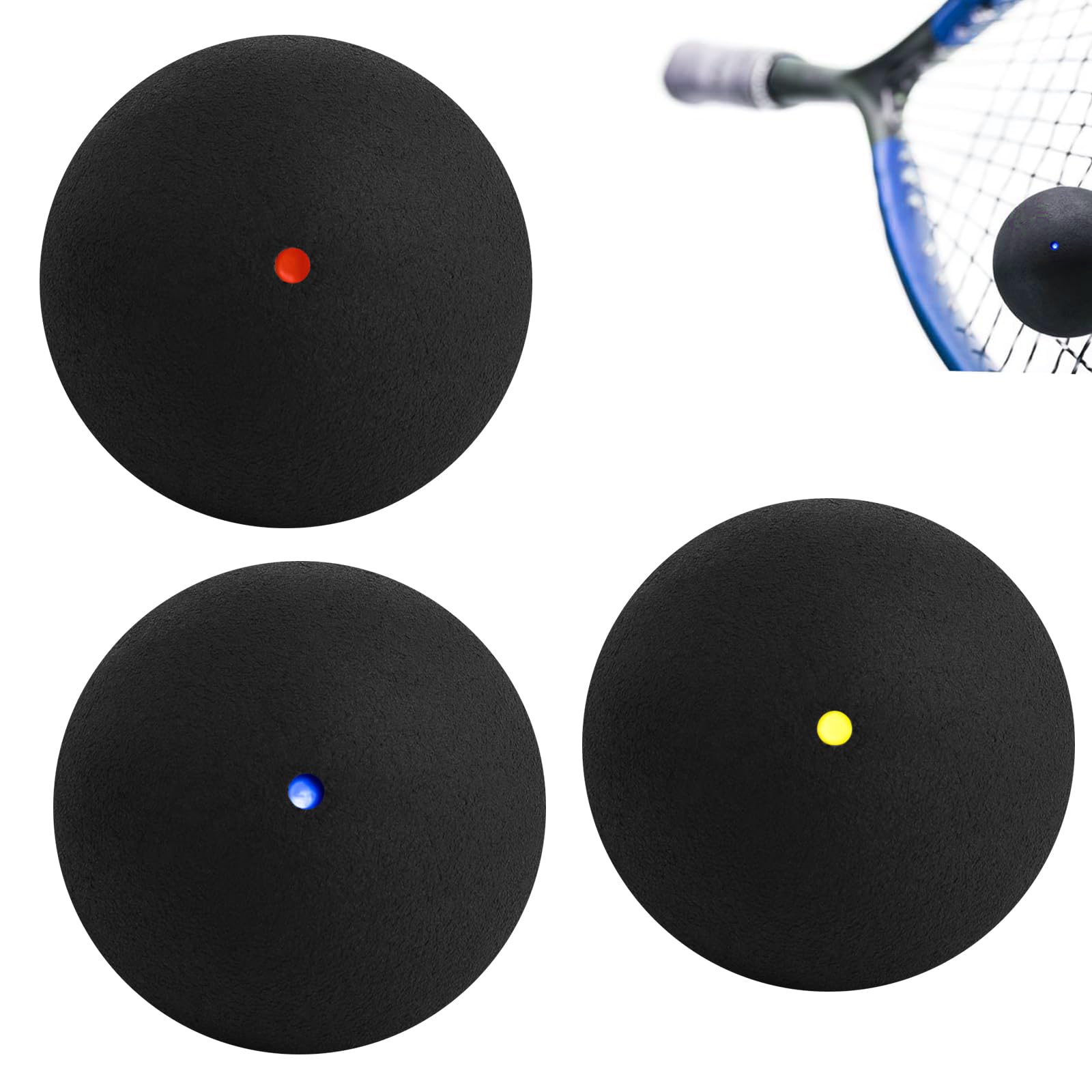 3 PCS Squash Balls - Yellow, Red, Blue Dot - Professional Grade Rubber Material for Elite to Beginner Competition and Training
