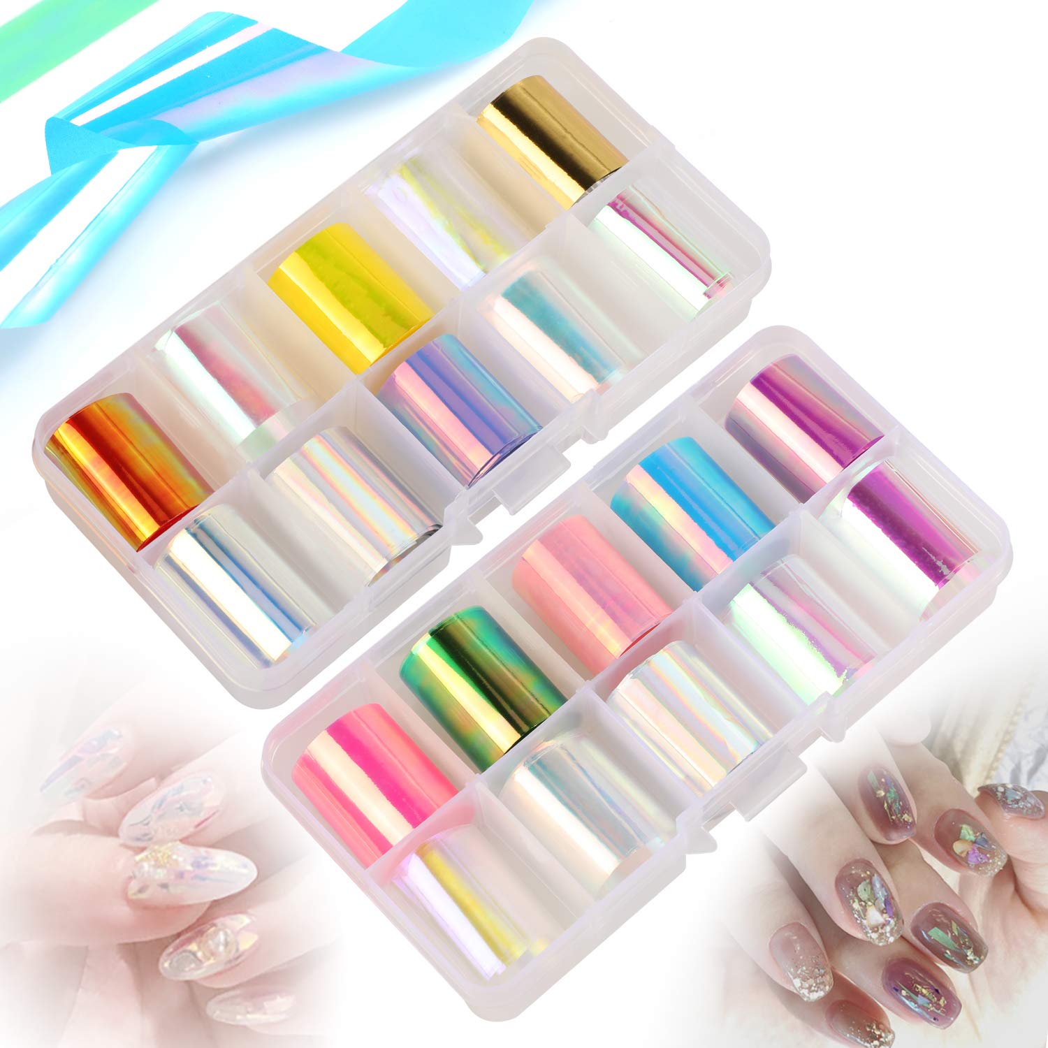 MWOOT 20 Rolls Nail Glass Mirror Paste Foils Set,Holographic Nail Art Iridescent Cellophane Glitter Film Foils,Manicure DIY Nail Stickers Decal Decoration (2.5cm x 50cm)