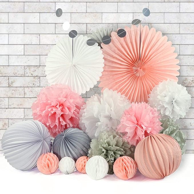 28er Set Seidenpapier Papier PomPoms Blumen Wabenbälle Lampions Laternen Fächer Girlande Dekoration Deko für Hochzeit Party B