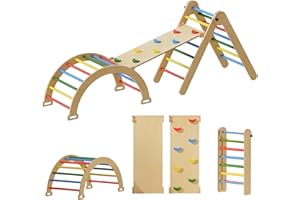 PELNUIES 5 in 1 Pikler Triangle Gym, Montessori Climbing Set with Ramp and Arch, Foldable Climbing Triangle Ladder Toys, Toddlers Climbing Toys Indoor Playground, Wooden Jungle Gym for Toddlers, Rainbow