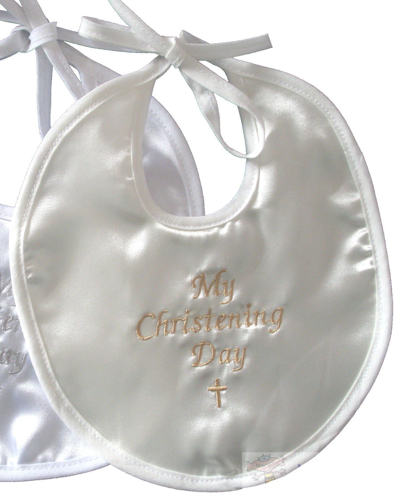 Baby Bib My Christening Day Satin Fabric 2 Colours (Creamy Ivory)