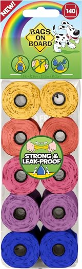 Bags On Board Dog Poo Bags 140 Rainbow Strong Leak-Proof 22.8x35.5cm