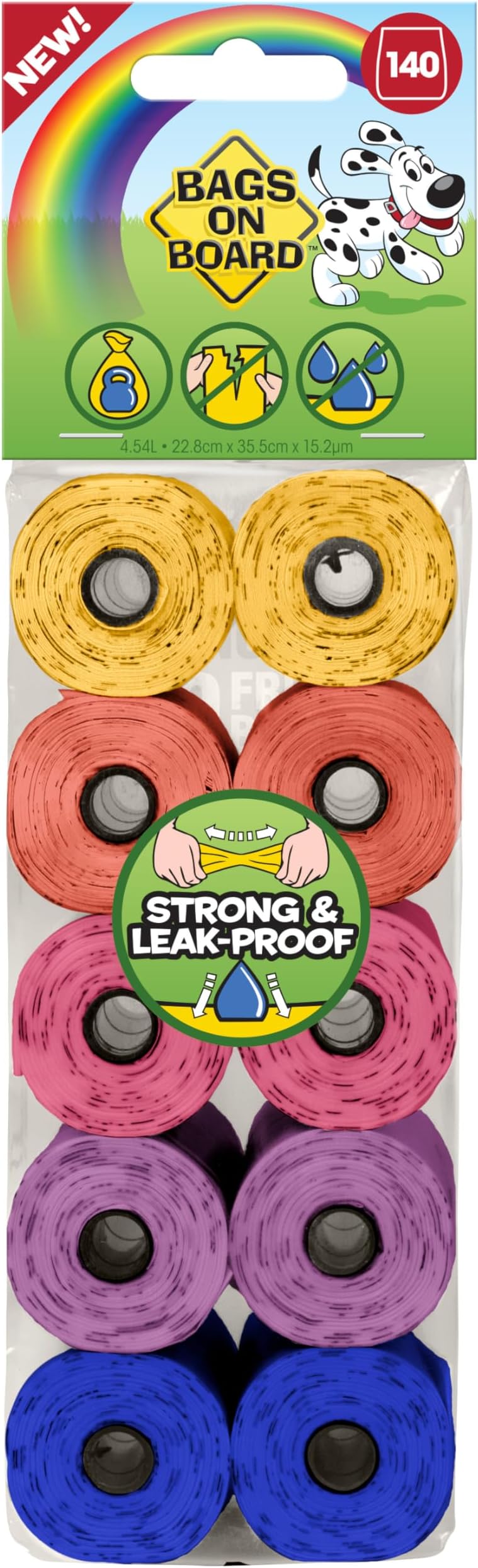 Bags On Board Dog Poo Bags 140 Rainbow Strong Leak-Proof 22.8x35.5cm