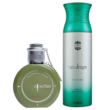 Maryaj Direction West Eau De Parfum Green Spicy Perfume 100ml for Men and Ajmal Raindrops Femme Deodorant Floral Chypre Fragrance 200ml for Women + 2 Parfum Testers FREE