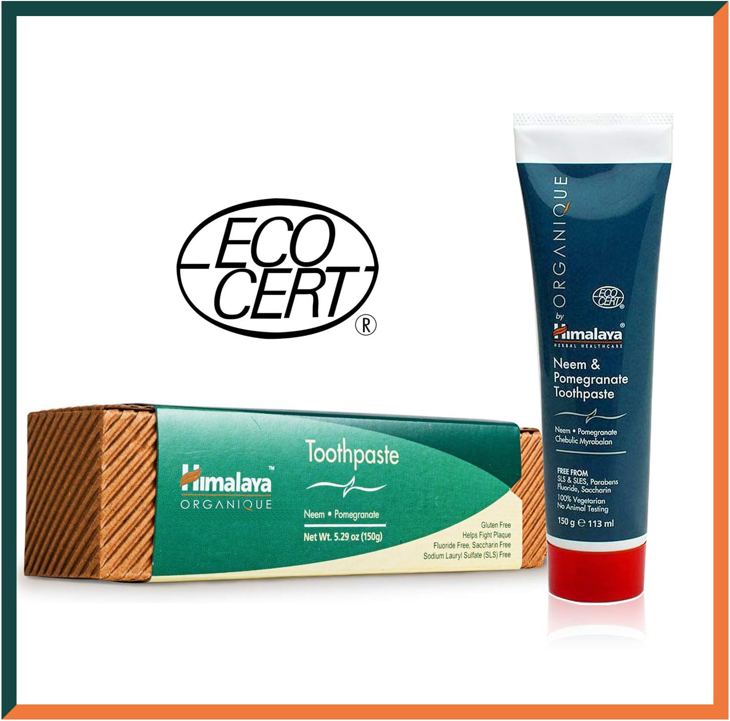 Organique by Himalaya Neem and Pomegranate, Pasta de Dientes de Neem y Granada, Natural, Sin Fluoruro, Sacarina y SLS, 150g