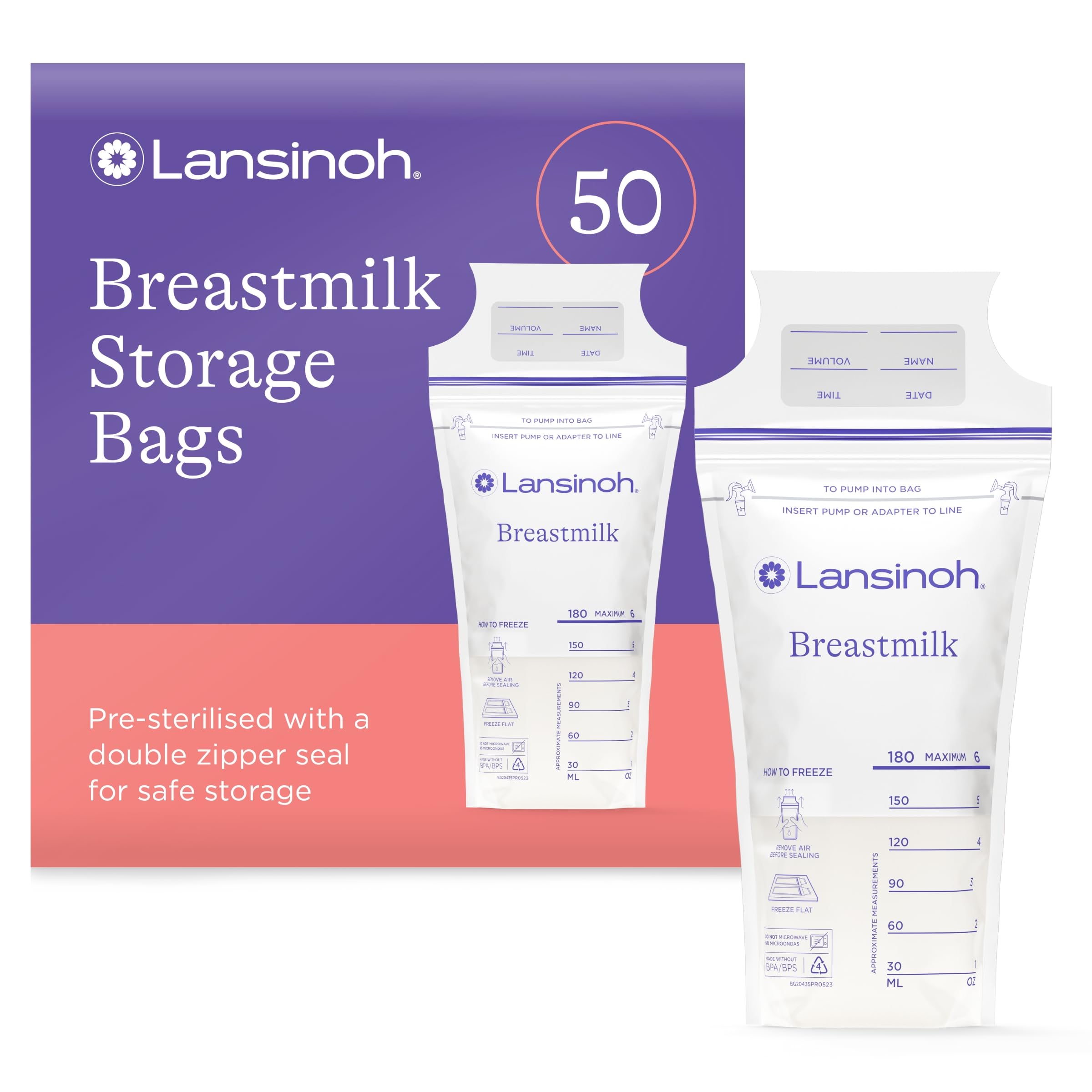 Lansinoh Breast Milk Storage Bags - Pre-Sterilised, Leakproof & BPA/BPS-Free - Fridge & Freezer Breastmilk Pouches - Pump into bag with Lansinoh Breast Pumps - Breastfeeding Essentials - 50 Pack