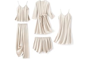 SAPJON Silk Pajamas for Women 5Pcs Sleepwear Loungewear Satin Robe Cami Shorts Pj Set