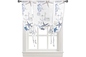 ARTSHOWING Ocean Tie Up Curtain for Kitchen Adjustable Balloon Window Shade 45 Inch Length Vintage Art Starfish Seahorse Shell Ocean Texture Blue Rod Pocket Curtain Drape for Bedroom Living Room 34"x45" Valance