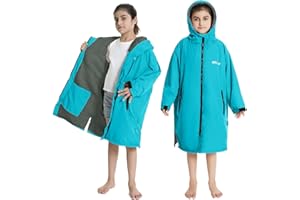 Hiturbo Warm Kids Swim Parka: Waterproof Changing Robe - Oversize Swimming Coat - Hooded Surf Poncho - Thick Lining (7-14Y)