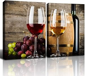 Mon Art Canvas Wall Art Kitchen Artwork Red Wine Cups Fruit Grape Painting Print On Wood Texture Board Wine Glass Barrel for Home Modern Decoration Retro Artwork 12x16inch Framed