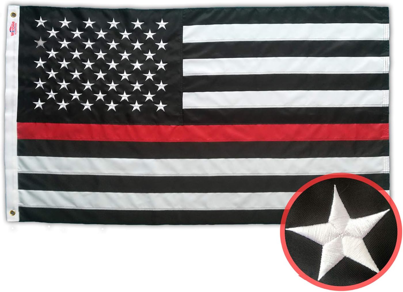 WINBEE Thin Red Line Flag 3x5 Ft with Embroidered Stars, Sewn Stripes and Long Lasting Nylon, American Flag Black and White Honoring Firefighters and EMTs, US Flag Decor of Firefighter Flag.