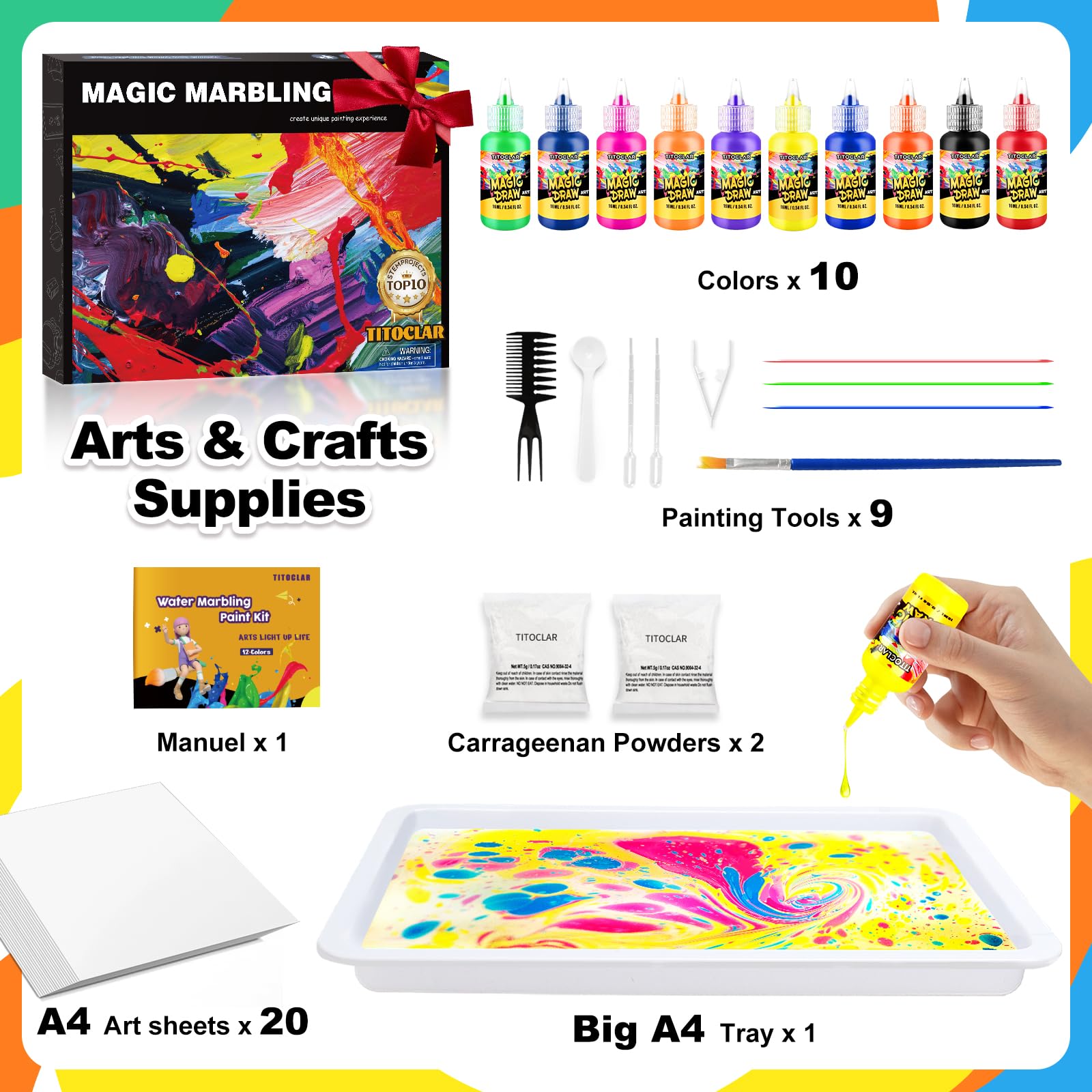 Water Marbling Paint Kit, Arts and Crafts For Kids,Birthday Gifts for Girls Boys 3+Years Old, Toys For Ages 8-13 5-7 3-6, Art Supplies for Kids