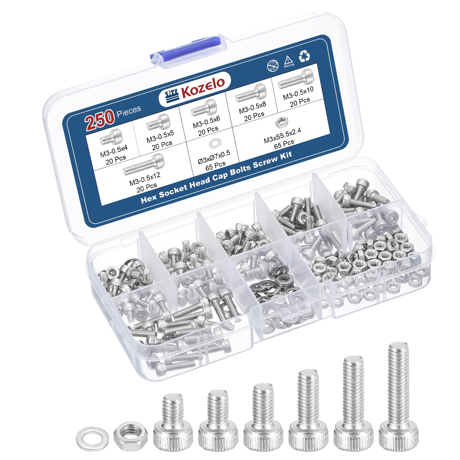 Kozelo 250pcs M3 Socket Head Cap Screws Bolts Nuts Assortment Kit - [M3x4/5/6/8/10/12mm] 304 Stainless Steel Allen Socket Drive for 3D Printer