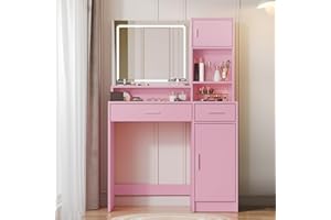 MIRROTOWEL Vanity Desk with Mirror and LED Light Strip,Dressing Table with Large Drawer, 3 Level Storage Dresser & 3 Lighting Modes Adjustable Brightness, Suitable for Bedroom (Pink)