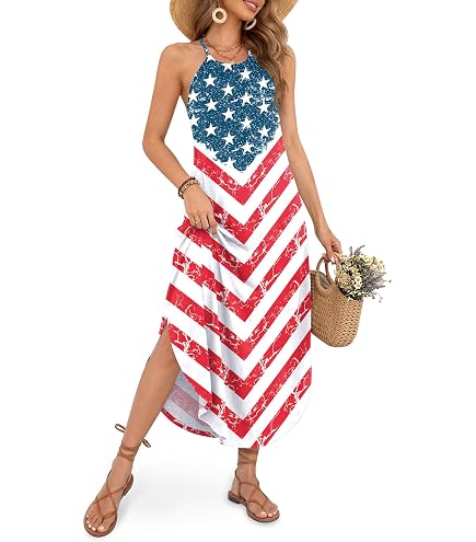 red white blue maxi dress And Printed With Slits Tupenty Patriotic Dress for Women,2024