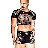 ShawGobow Mesh Crop Tops For Men,Short Sleeve Hollow Out Sheer Fishnet Sexy Top And Shorts Set,2 Piece Rave Outfits Date Night Club Exotic Dancewear Black One Size Fits All