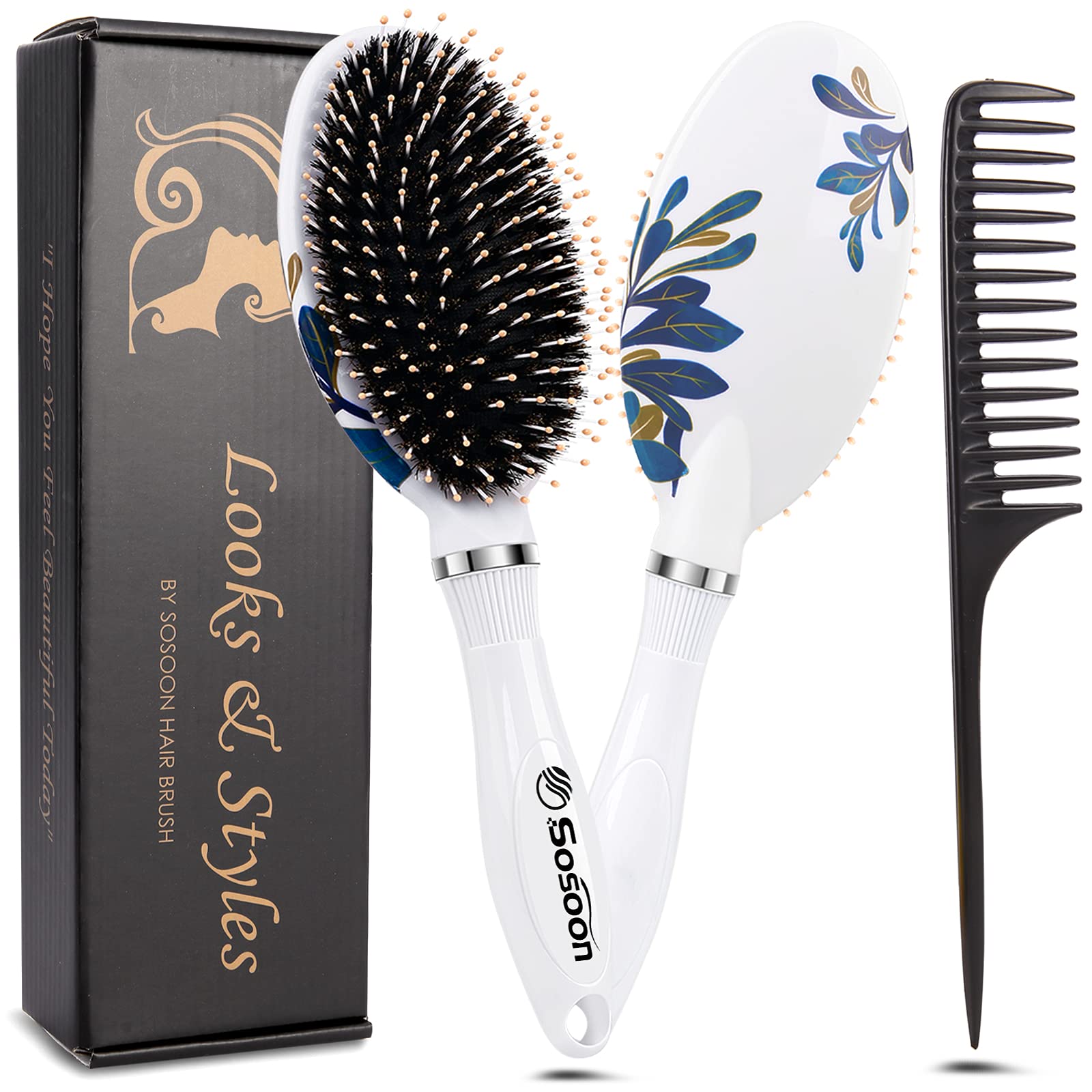 Hair Brush, Boar Bristle Paddle Hairbrush for Long, Thick, Curly, Wavy, Dry or Damaged Hair, Reducing Hair Breakage and Frizzy, No More Tangle