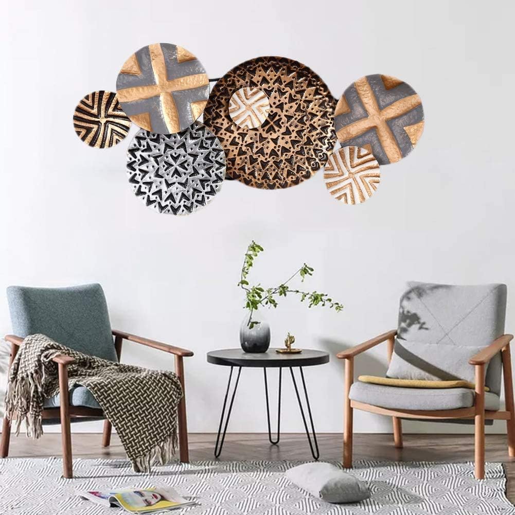 View of Metal Round Wall Sculpture Decor, Rustic Three-Dimensional Metal Wall ...